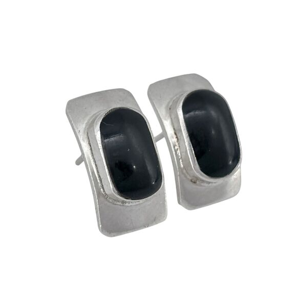 Vintage Sterling Silver 925 Black Enamel Rectangular Earrings - Picture 3 of 7
